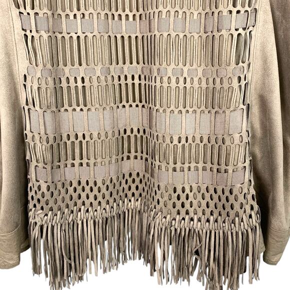 Chico's Women's XL Tan Faux Suede Fringe Lattice Ribbon Cutout Jacket - Picture 5 of 11